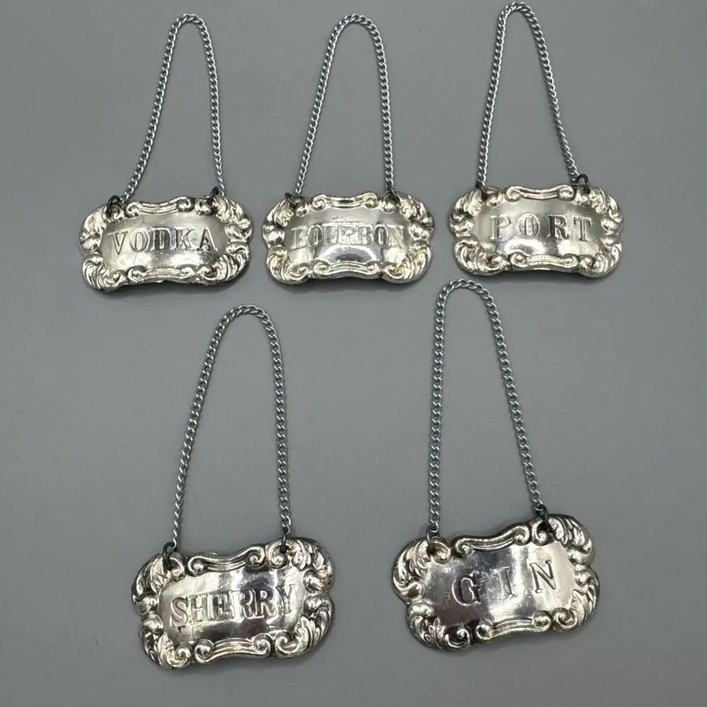 Vintage MC Delli Inc Silver Plate Decanter Liquor Tags Labels Set of 5 Japan